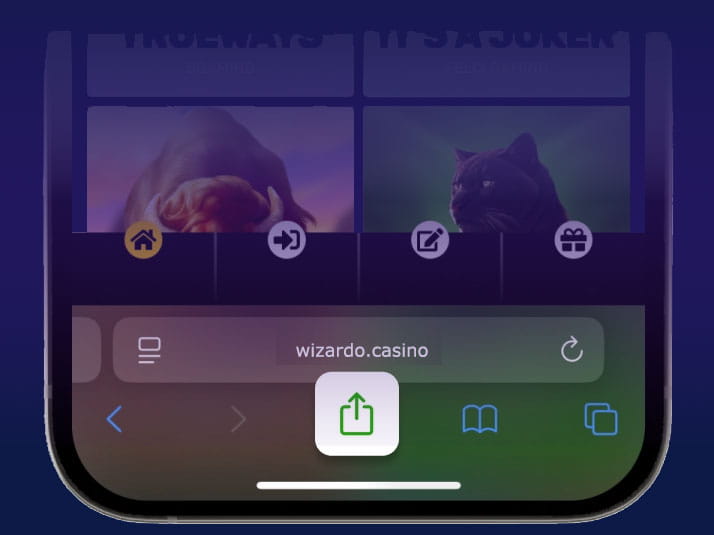 Abra o nosso casino no Safari no seu iPhone e prima o botão «Partilhar».